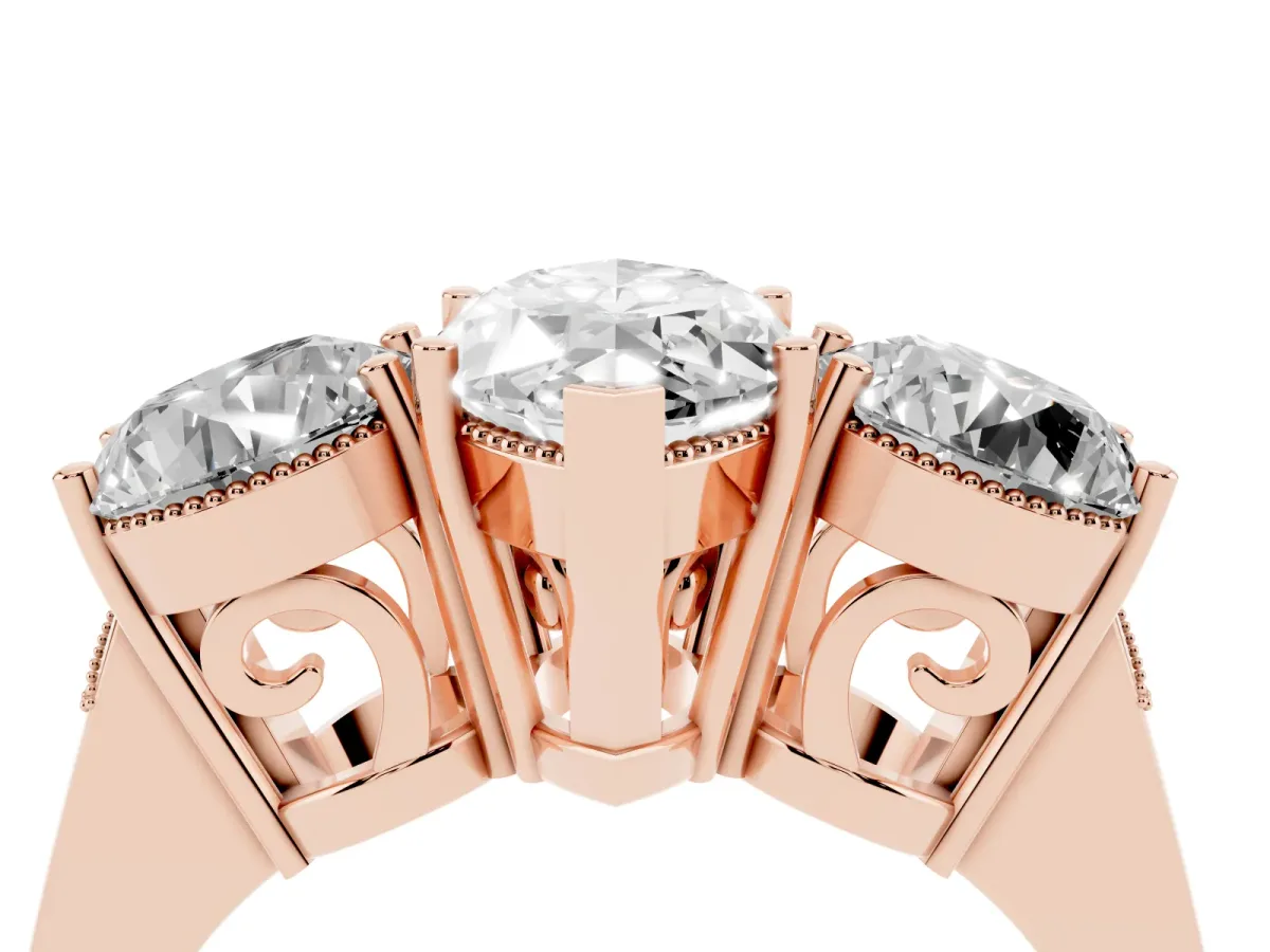 Three-Stone Marquise Cut Diamond Engagement Ring with Prong Setting on a Classic Band Rose gold