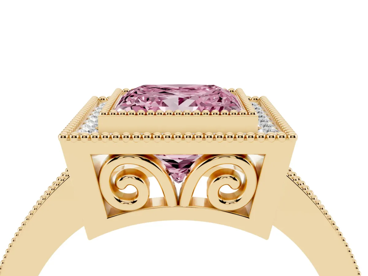 Fancy Pink Princess Cut Cut Halo Diamond Ring with Pavé Band and Milgrain Prong Setting Yellow gold