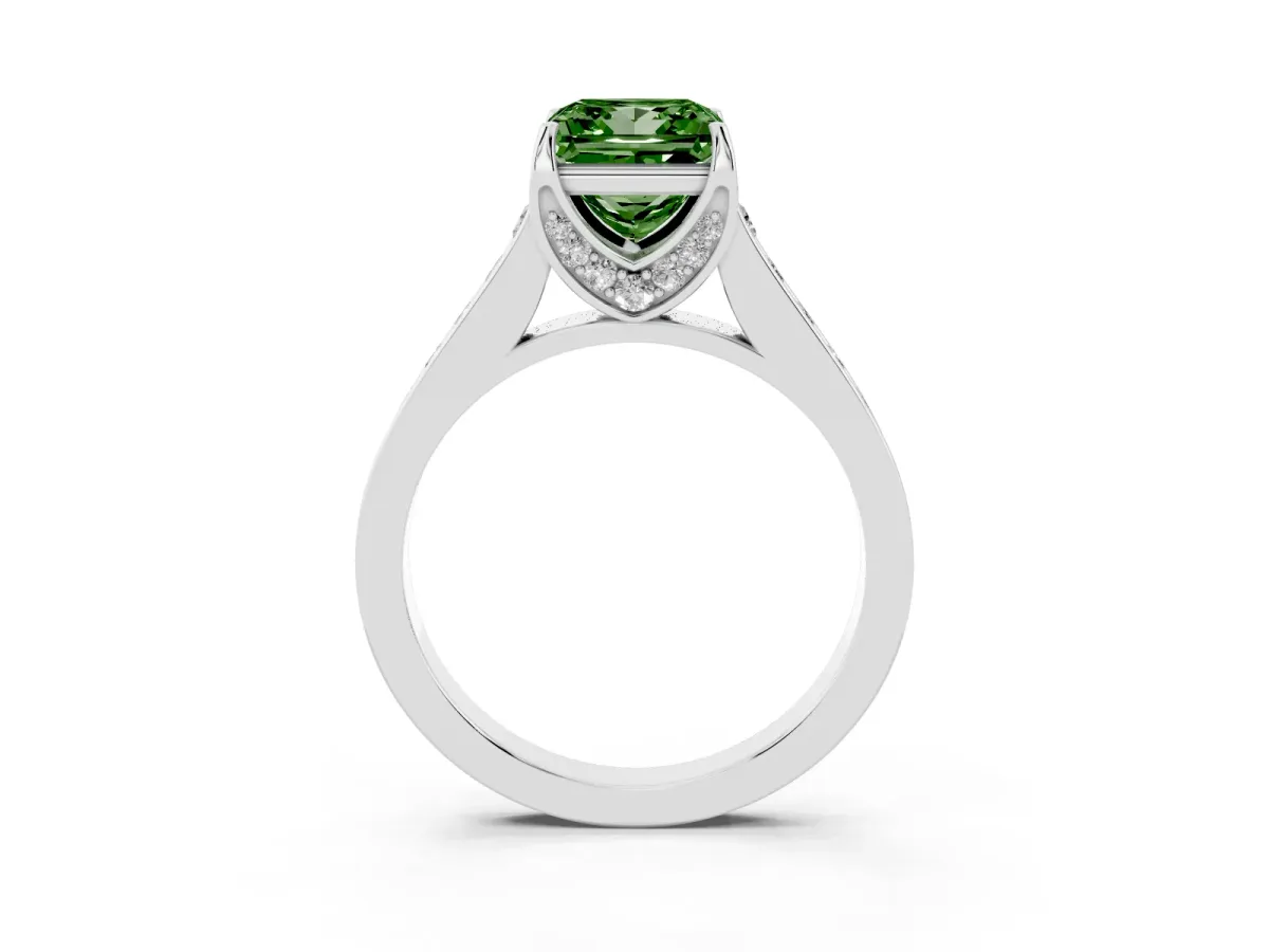 Fancy Green Princess Cut Brilliant Cut Diamond Engagement Ring with Pavé Band and Four-Prong Setting Silver