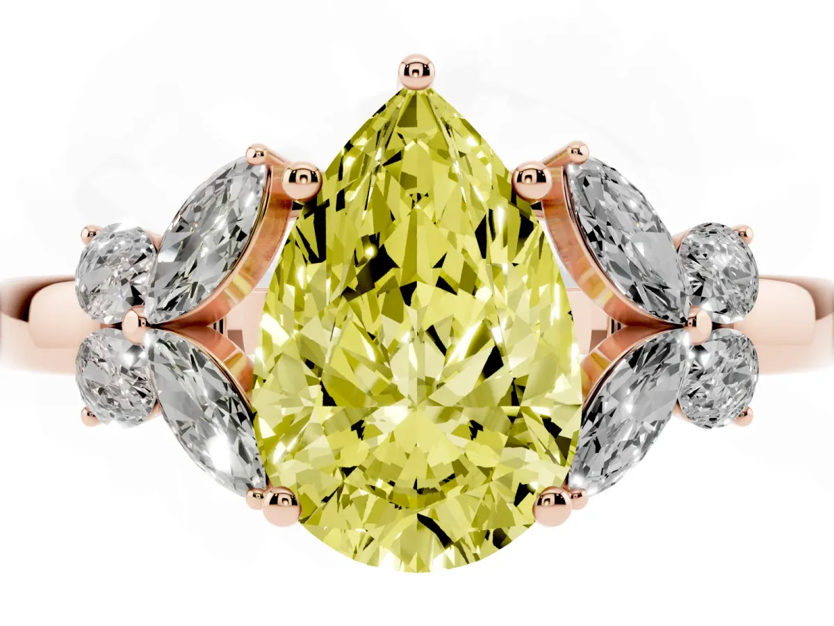 Fancy Yellow Pear Cut Cut Solitaire Floral Diamond Ring with Four-Prong Setting Rose gold