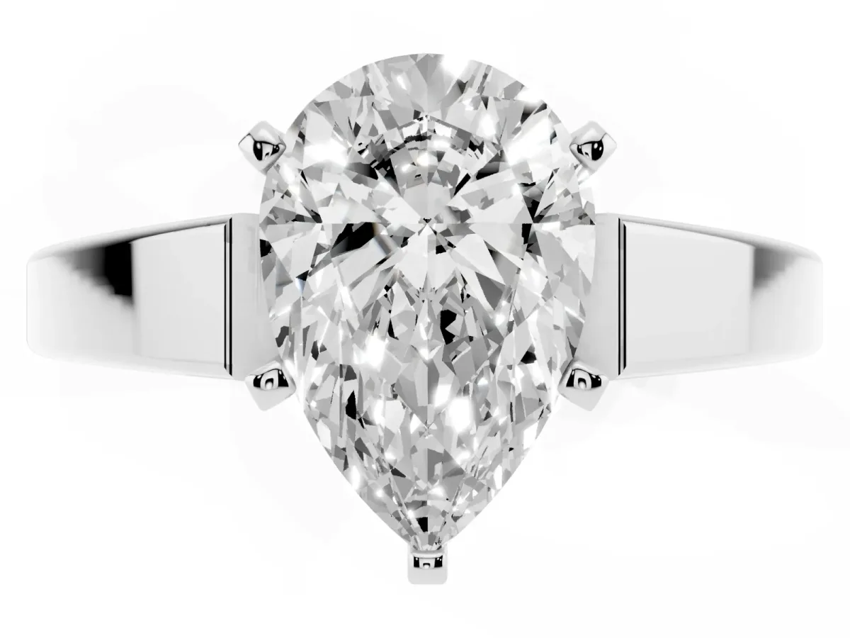 Pear Cut Solitaire Engagement Ring with Four-Prong Setting and Tapered Band Silver