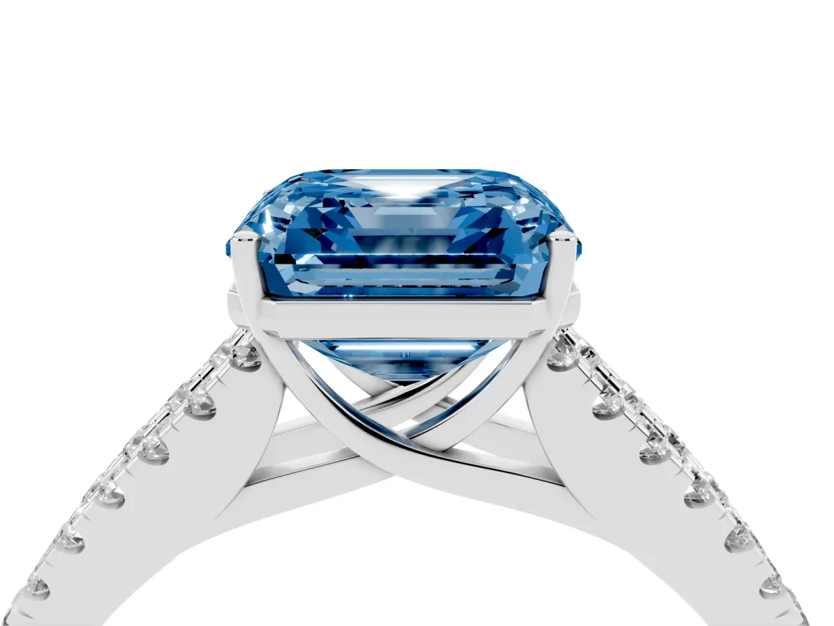 Fancy Blue Asscher Cut Diamond Split Shank Pavé Engagement Ring with Four-Prong Setting White gold