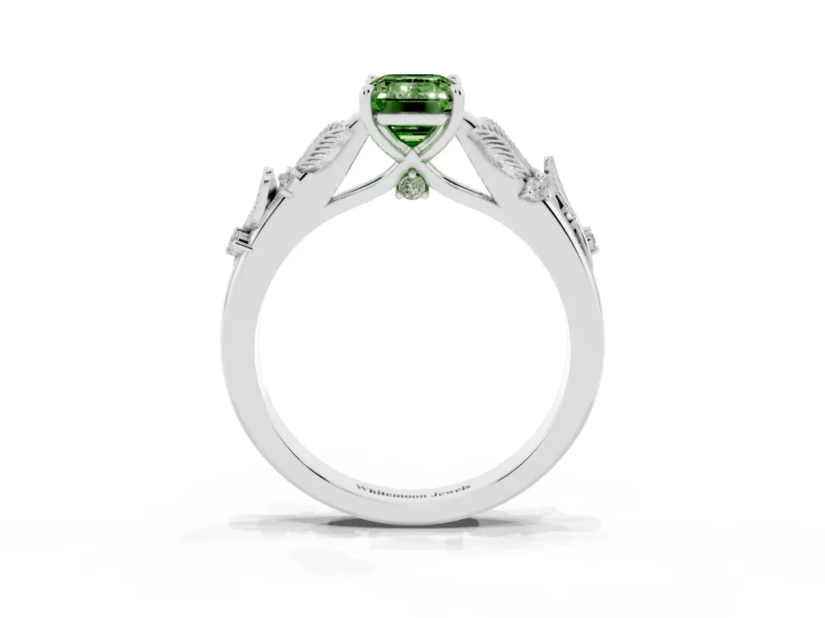 Fancy Green Emerald Cut Diamond Solitaire Ring with Leaf Motif Band and Four-Prong Setting Silver