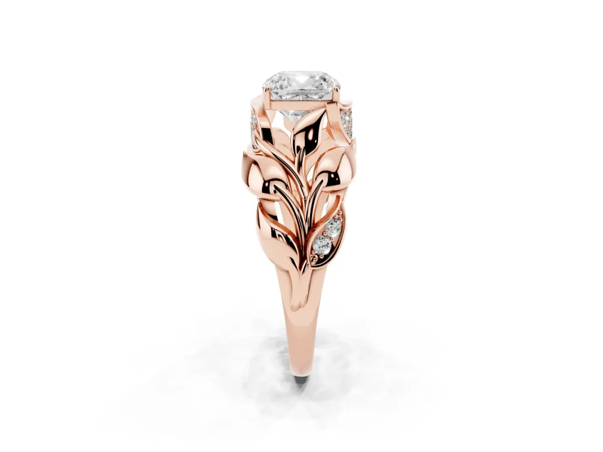 Cushion Cut Diamond Leaf-Inspired Engagement Ring with Round Accents and Prong Setting Rose gold