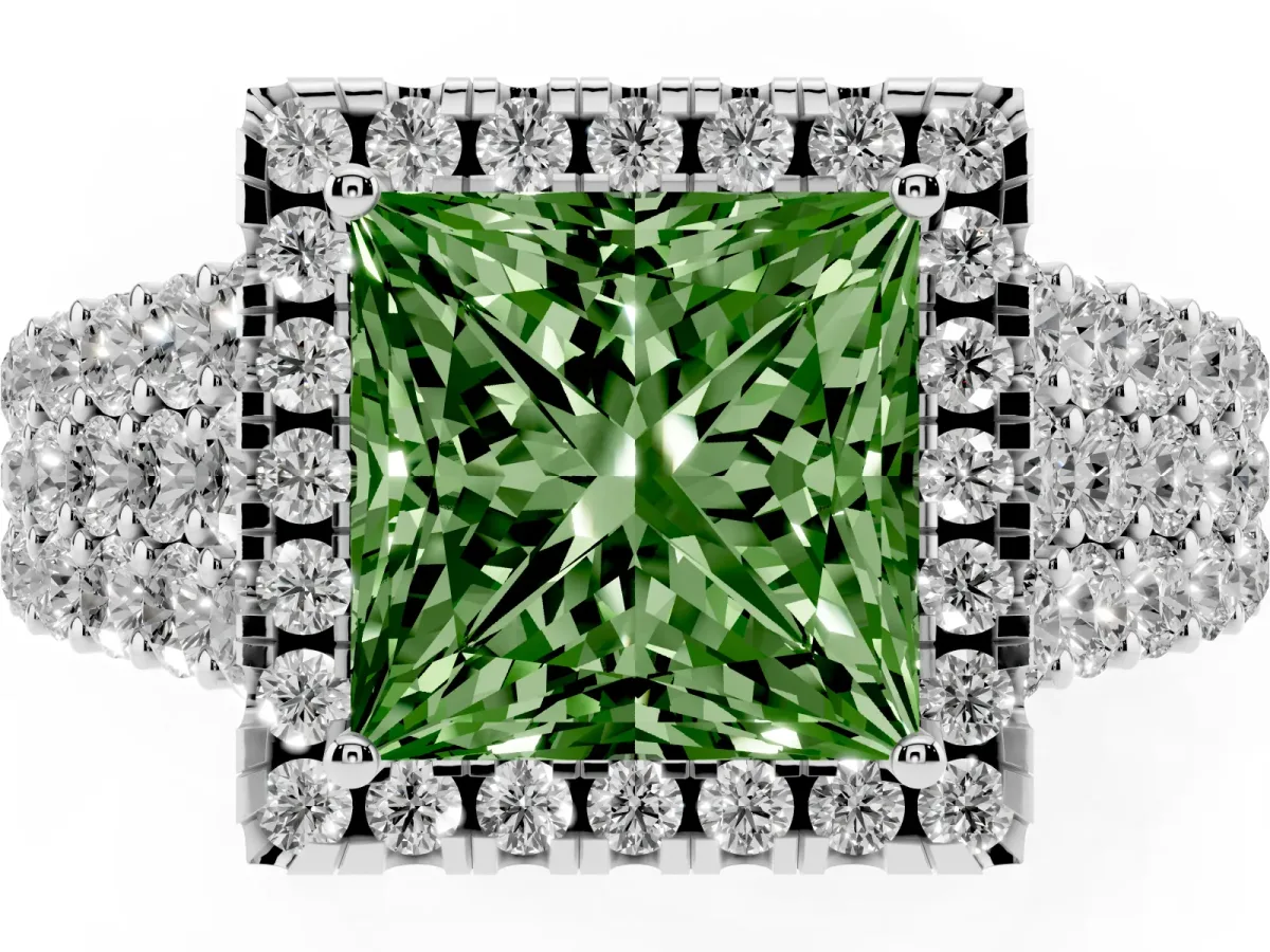 Fancy Green Princess Cut Diamond Halo Engagement Ring with Triple Row Round Pavé Band and Prong Setting Silver