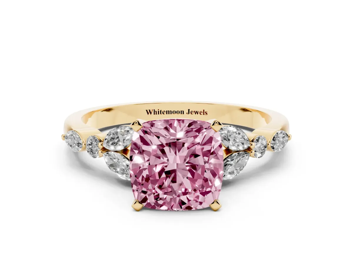Fancy Pink Cushion Cut Diamond Solitaire Ring with Side Stones and Four-Prong Setting Yellow gold
