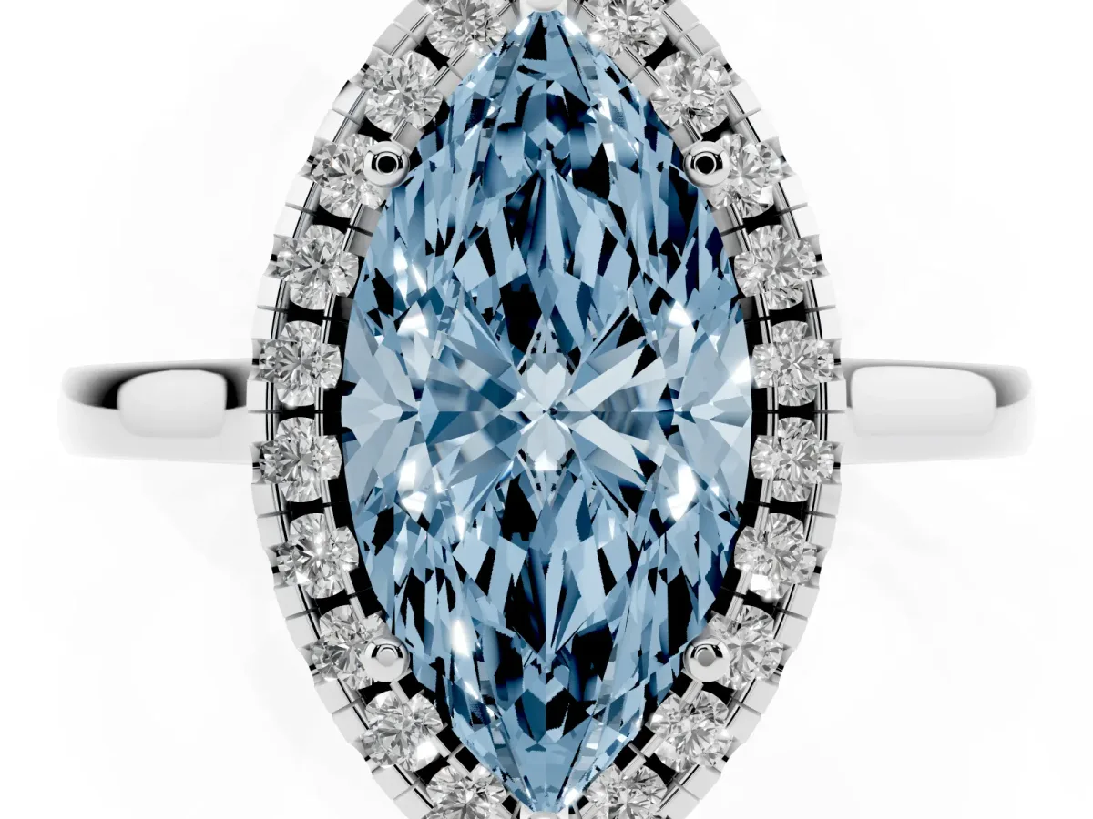Fancy Blue Marquise Cut Halo Round Diamond Solitaire Ring with Pavé Band and Four-Prong Setting Silver