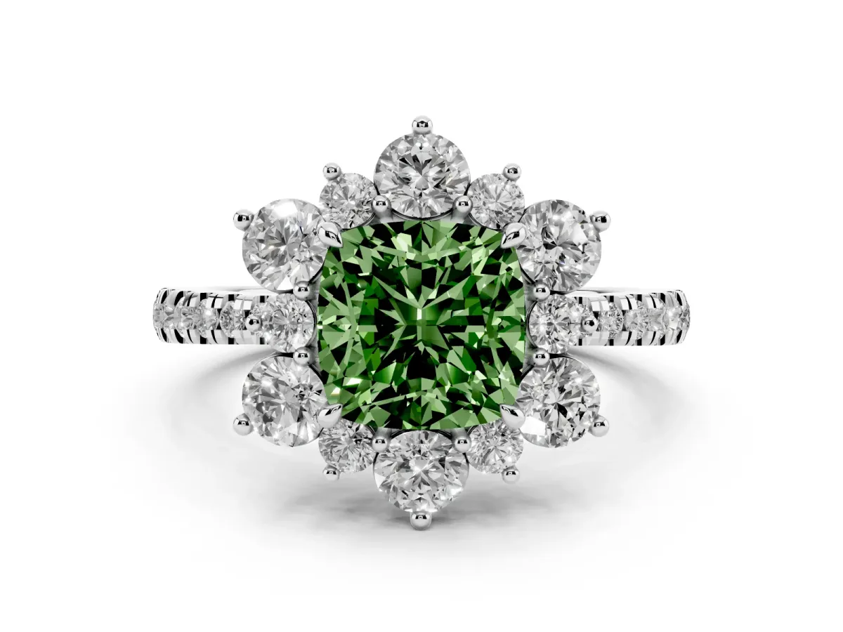 Fancy Green Cushion Cut Diamond Floral Halo Ring with Round Pavé Band and Prong Setting Silver