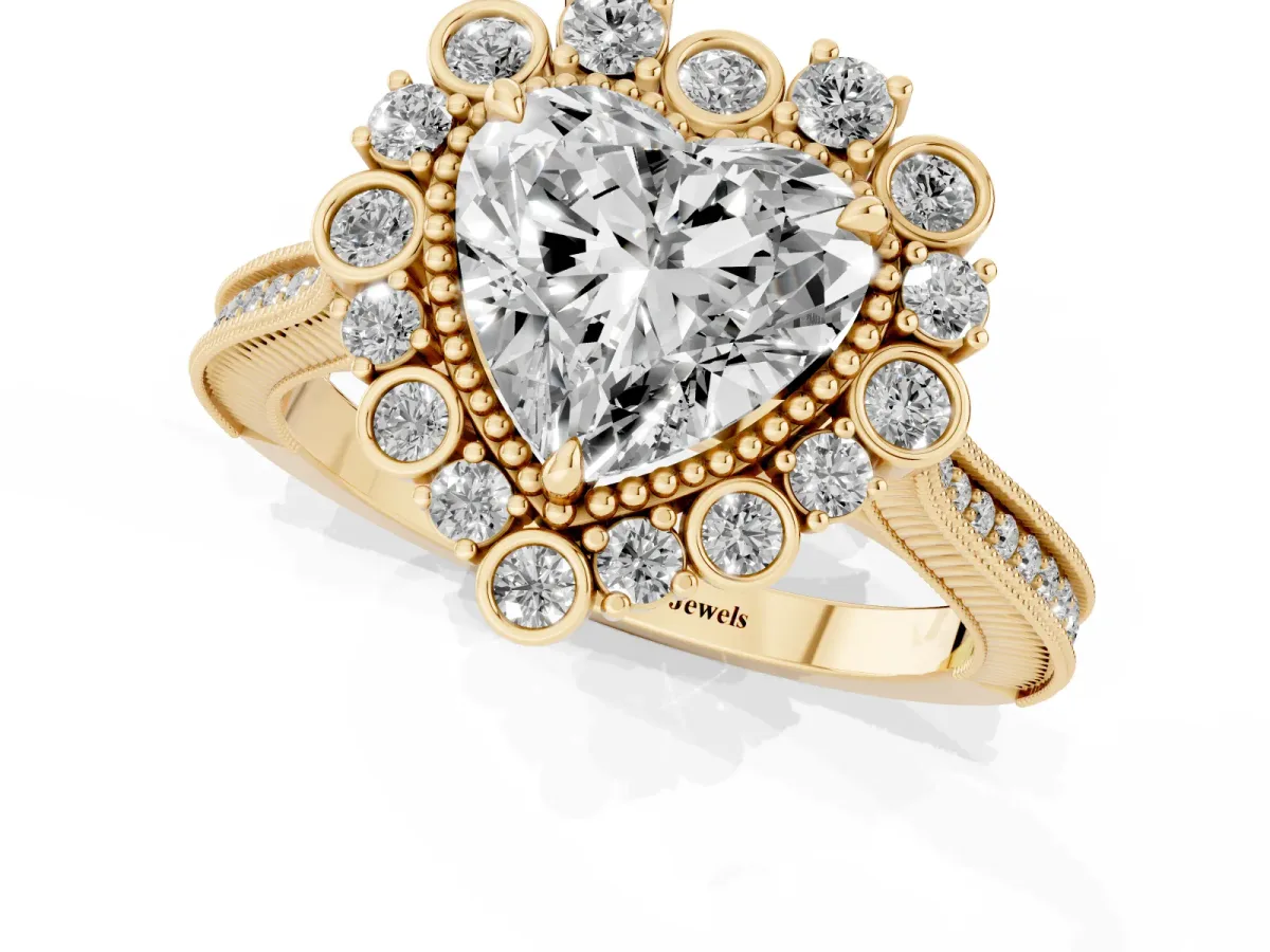 Heart Cut Halo Milgrain Pave Diamond Ring with Four-Prong Setting Yellow gold