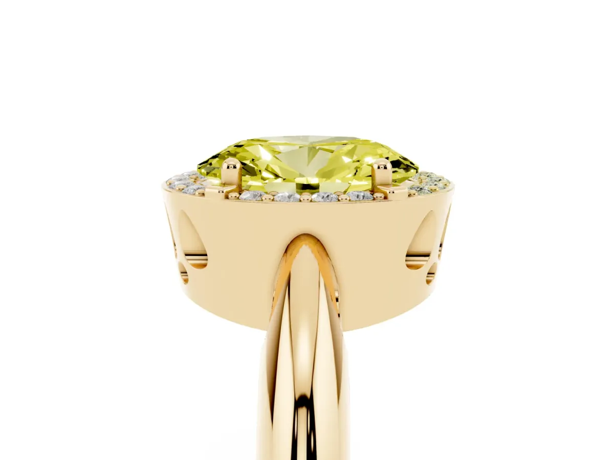 Fancy Yellow Oval Cut Cut Diamond Halo Engagement Ring with Split Shank and Four-Prong Setting Yellow gold
