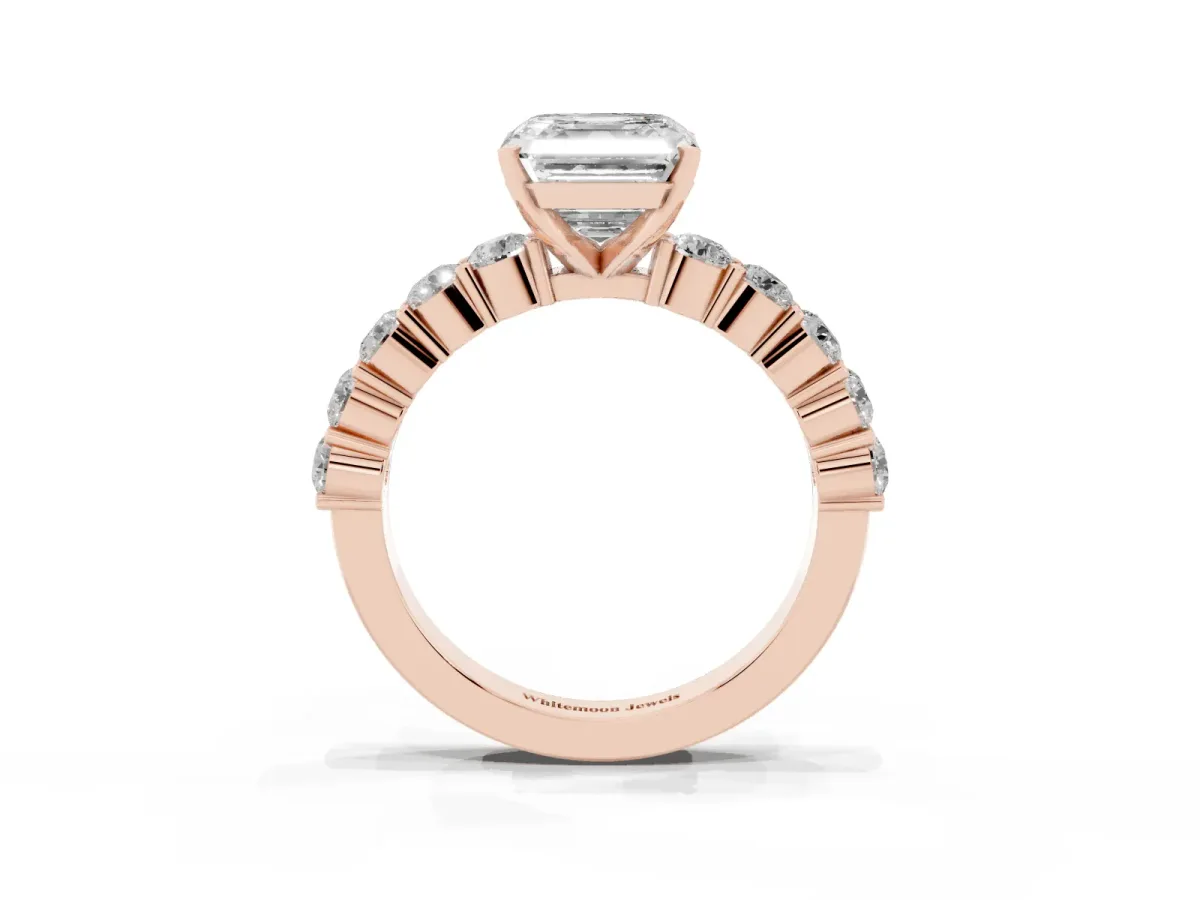 Asscher Cut Diamond Solitaire Ring with Shared Prong Round Side Stones Rose gold