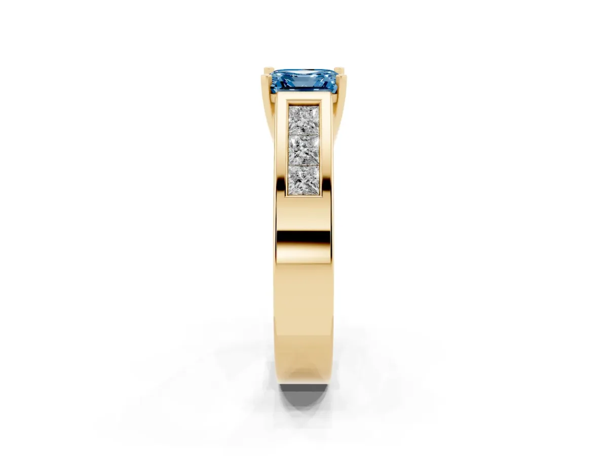 Fancy Blue Asscher Cut Cut Channel Set Solitaire Ring with Four-Prong Setting Yellow gold