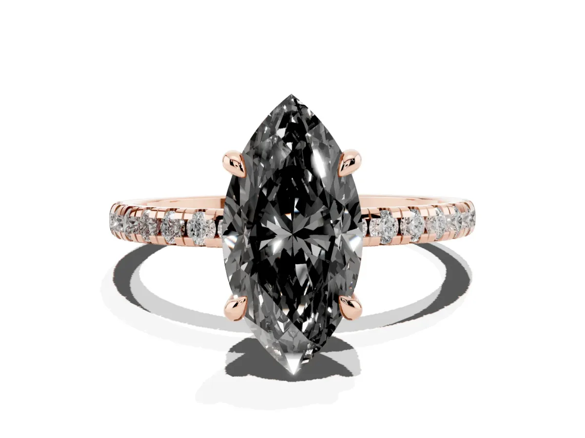 Fancy Black Marquise Cut Diamond Brilliant Solitaire Ring with Pavé Band and Four-Prong Setting Rose gold