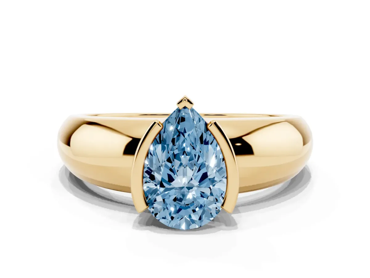 Fancy Blue Pear Cut Solitaire Tension Set Diamond Ring with Wide Band Yellow gold