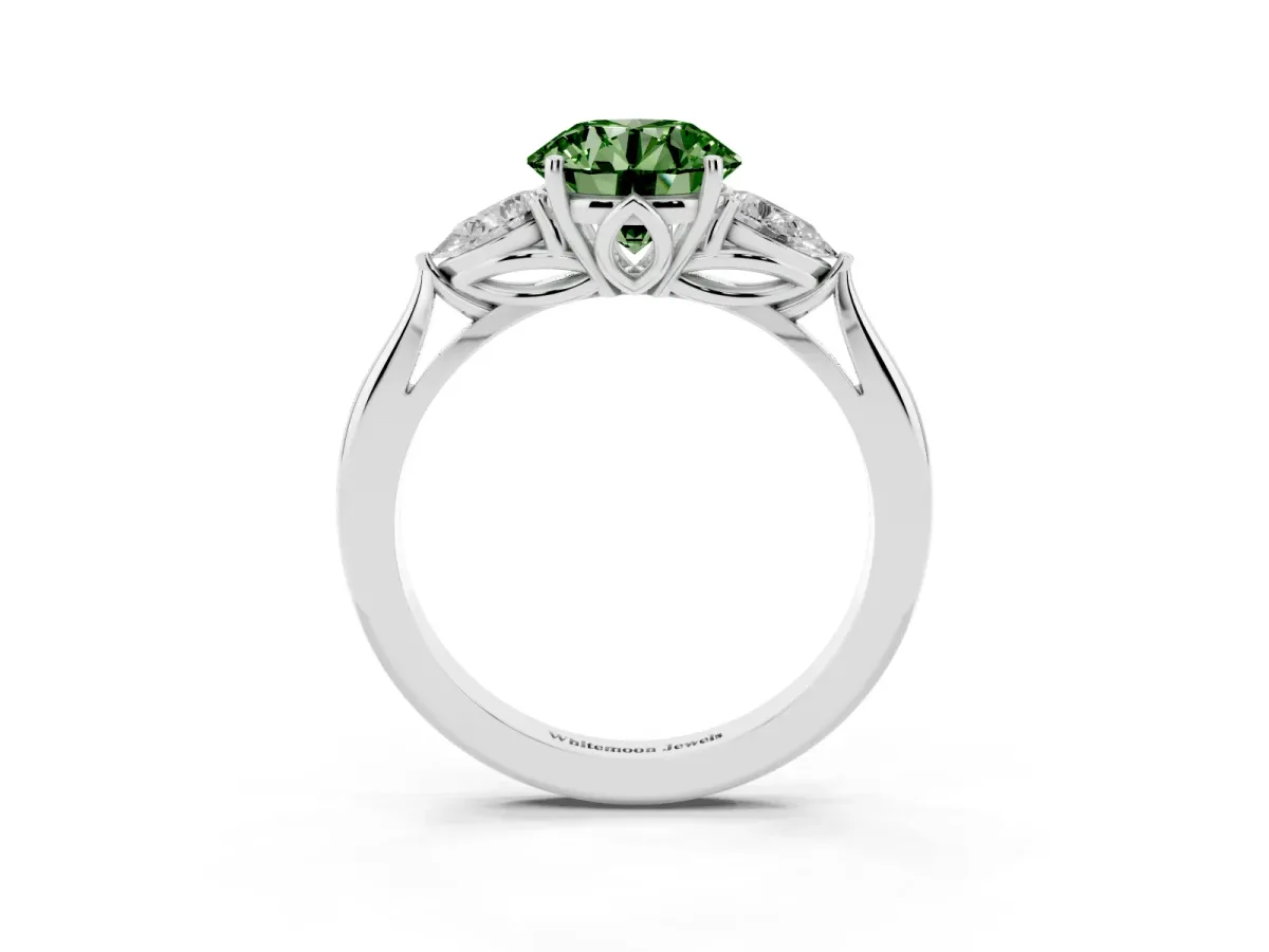 Fancy Green Three-Stone Round Cut Brilliant Diamond Solitaire Ring with Tapered Band and Four-Prong Setting White gold