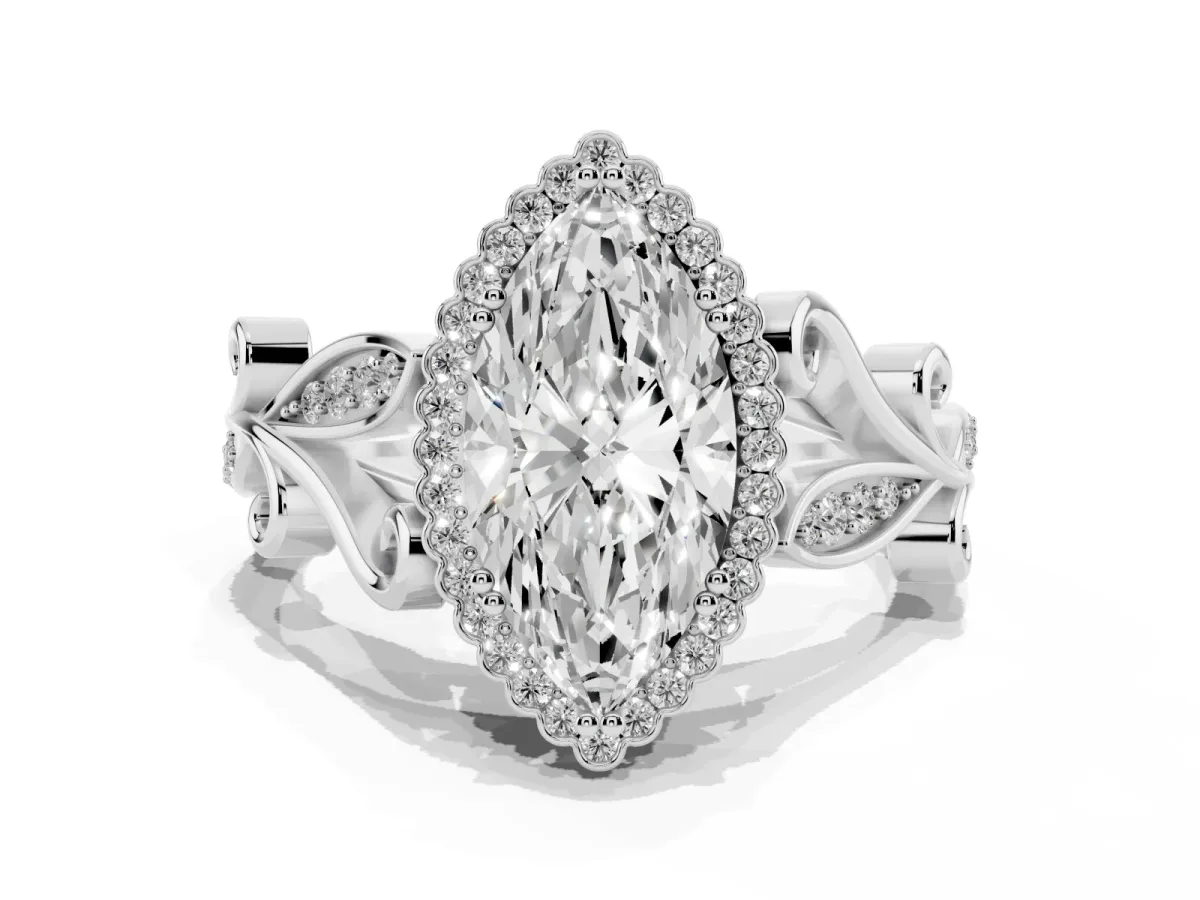 Marquise Cut Diamond Halo Ring with Vintage Split Shank and Four-Prong Setting Silver