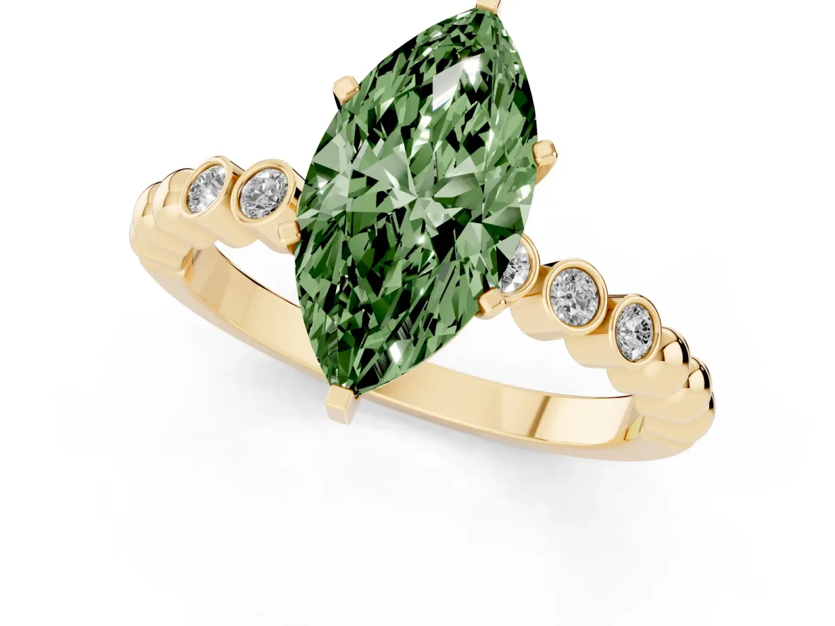 Fancy Green Marquise Cut Solitaire Bezel Accent Diamond Engagement Ring with Beaded Band and Four-Prong Setting Yellow gold
