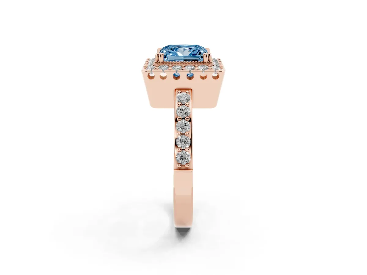 Fancy Blue Princess Cut Diamond Halo Ring with Pavé Band and Prong Setting Rose gold