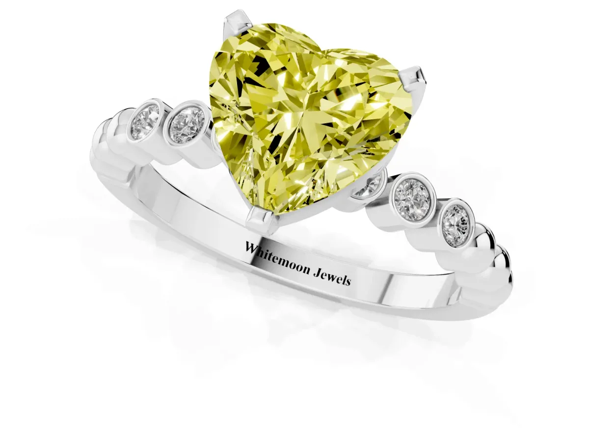 Fancy Yellow Heart Cut Solitaire Bezel Accent Diamond Engagement Ring with Beaded Band and Four-Prong Setting Silver