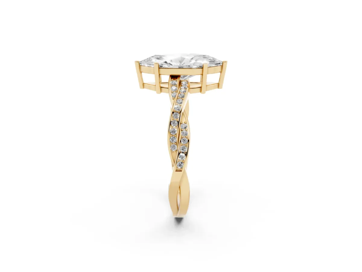 Marquise Cut Solitaire Twisted Pave Diamond Ring with Four-Prong Setting Yellow gold