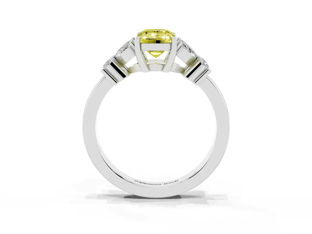 Fancy Yellow Emerald Cut Diamond Floral Cluster Ring with Solitaire Band and Prong Setting Platinum