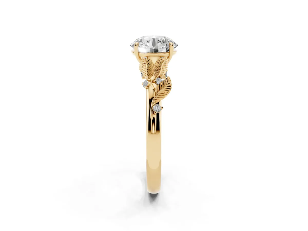 Round Cut Diamond Solitaire Ring with Leaf Motif Band and Four-Prong Setting Yellow gold