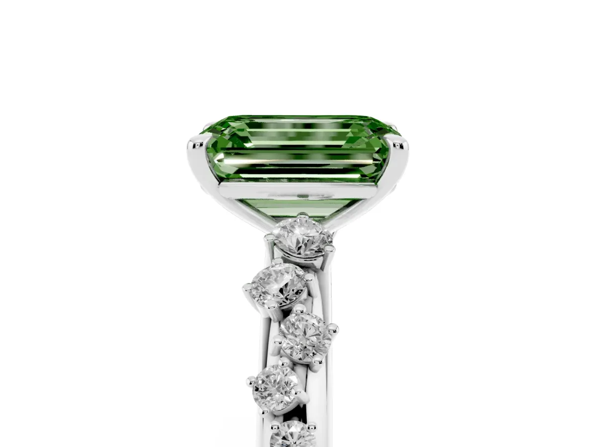 Fancy Green Emerald Cut Diamond Cluster Prong-Set Solitaire Ring White gold