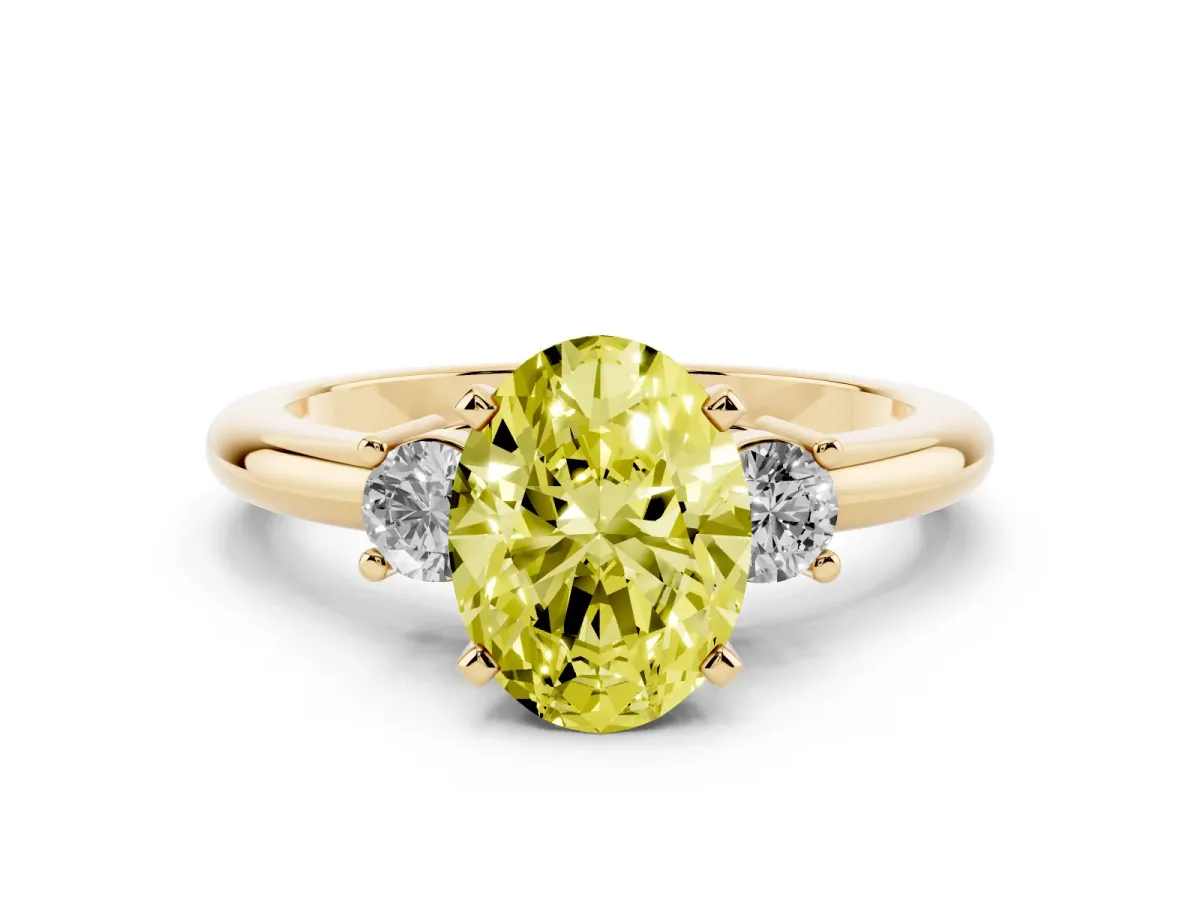 Fancy Yellow Three-Stone Oval Cut Cut Diamond Solitaire with Prong Setting and Classic Band Yellow gold
