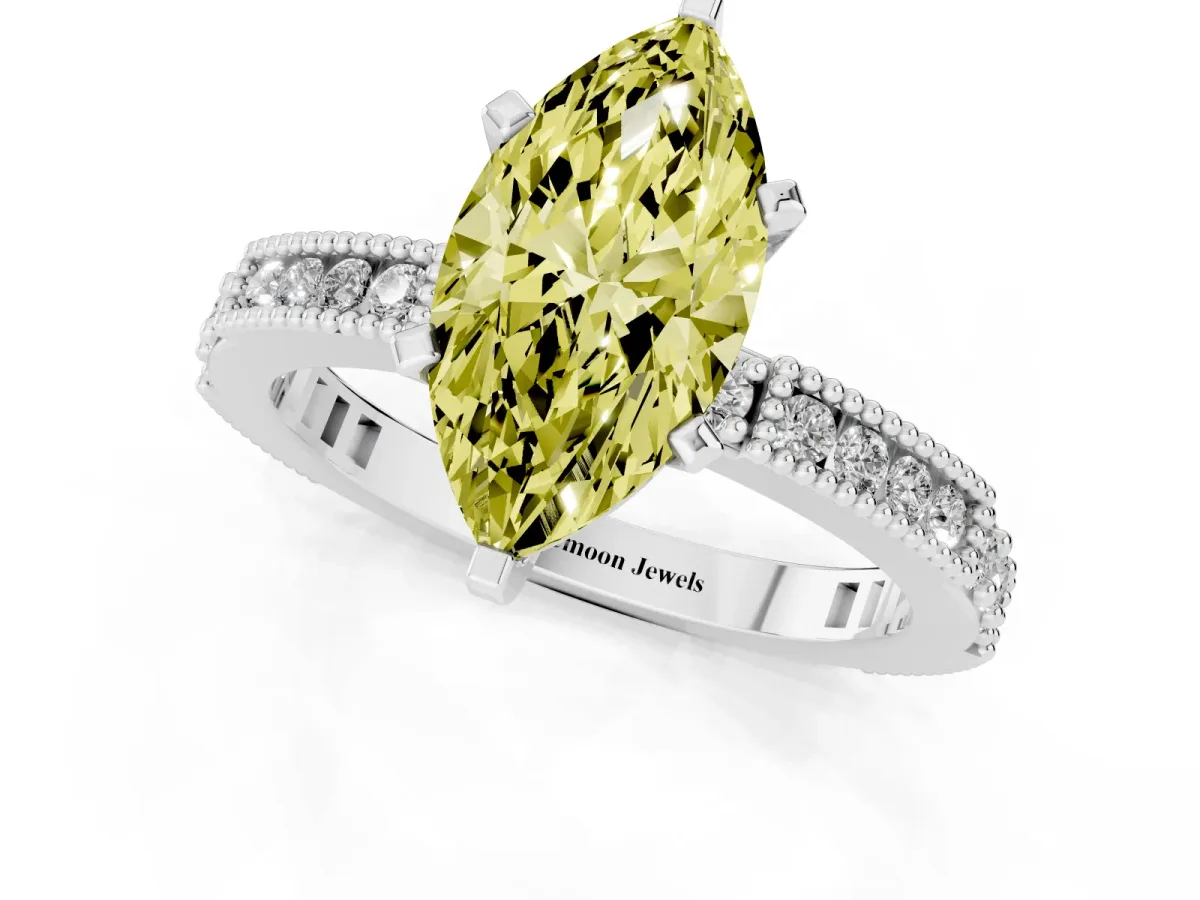 Fancy Yellow Marquise Cut Solitaire with Pavé Band and Four-Prong Setting Silver