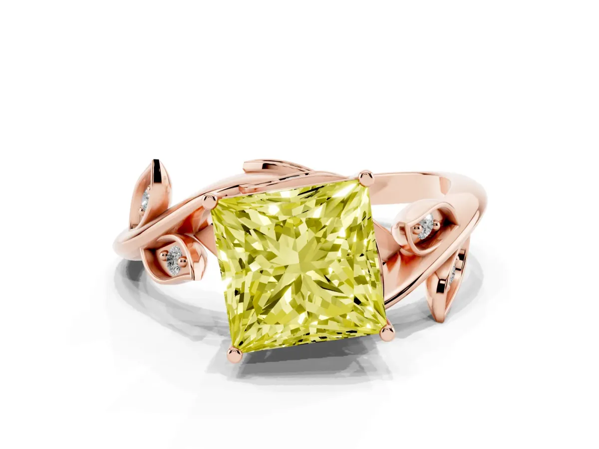 Fancy Yellow Princess Cut Solitaire Twist Engagement Ring with Leaf Accents and Prong Setting Rose gold