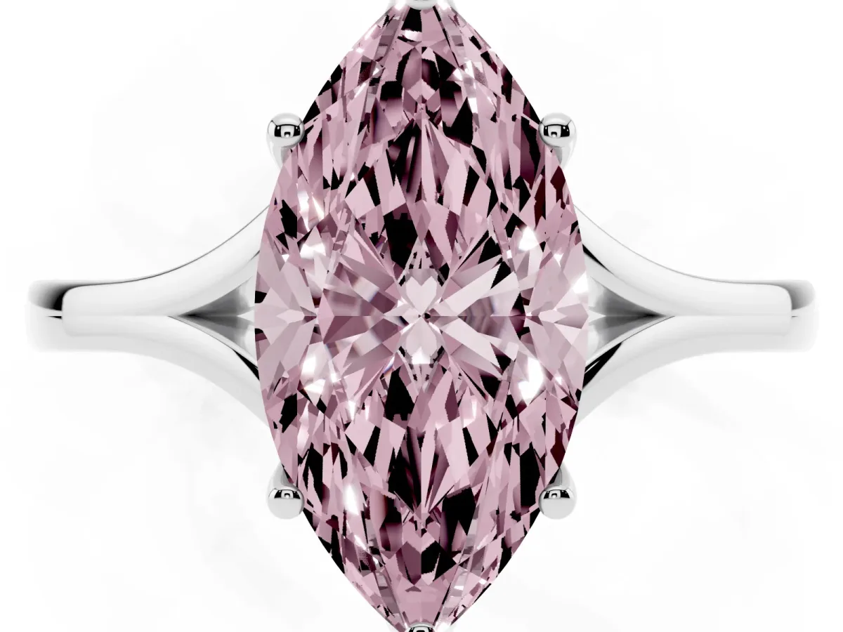 Fancy Pink Marquise Cut Solitaire Diamond Ring with Six-Prong Setting and Tapered Band Platinum