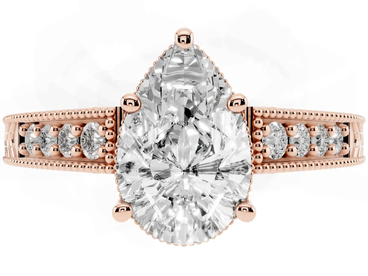 Pear Cut Solitaire Pavé Diamond Milgrain Engagement Ring with Four-Prong Setting Rose gold