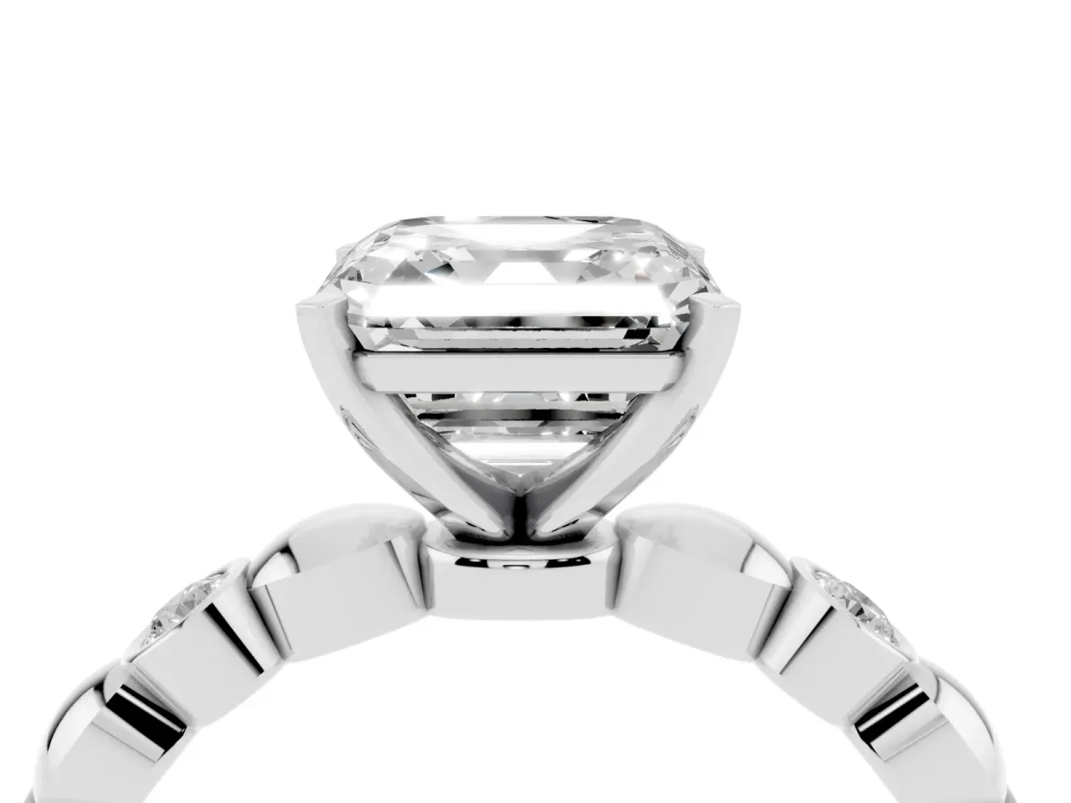 Asscher Cut Solitaire Bezel-Set Diamond Ring with Beaded Band and Four-Prong Setting Platinum