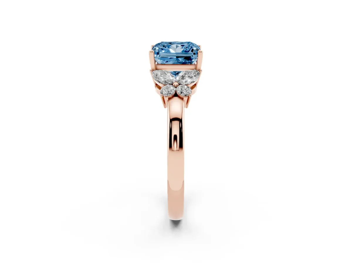 Fancy Blue Princess Cut Cut Solitaire Floral Diamond Ring with Four-Prong Setting Rose gold