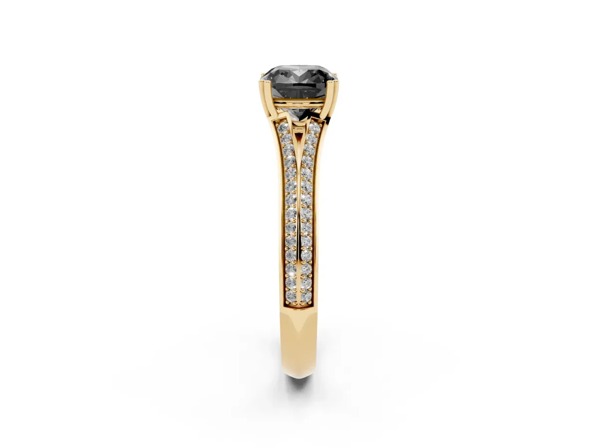 Fancy Black Cushion Cut Diamond Split Shank Engagement Ring with Pavé Band Yellow gold