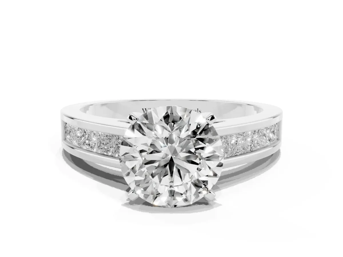 Round Cut Solitaire Diamond Ring with Channel-Set Band and Four-Prong Setting Silver