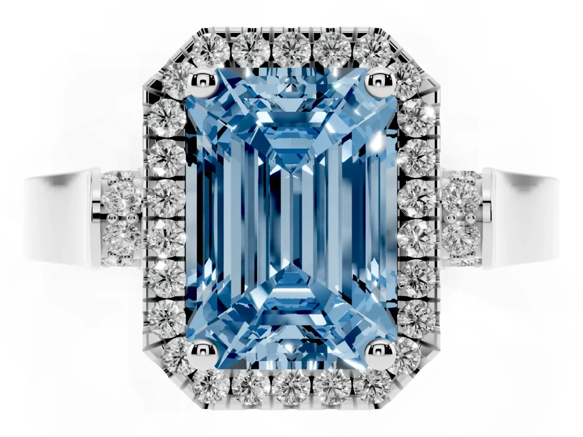 Fancy Blue Emerald Cut Halo Pave Split Shank Prong Setting Ring Platinum