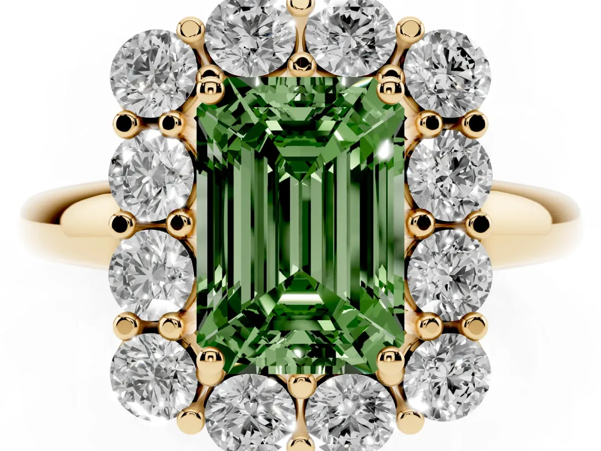 Fancy Green Emerald Cut Halo Cluster Diamond Engagement Ring with Prong Setting and Polished Band Yellow gold