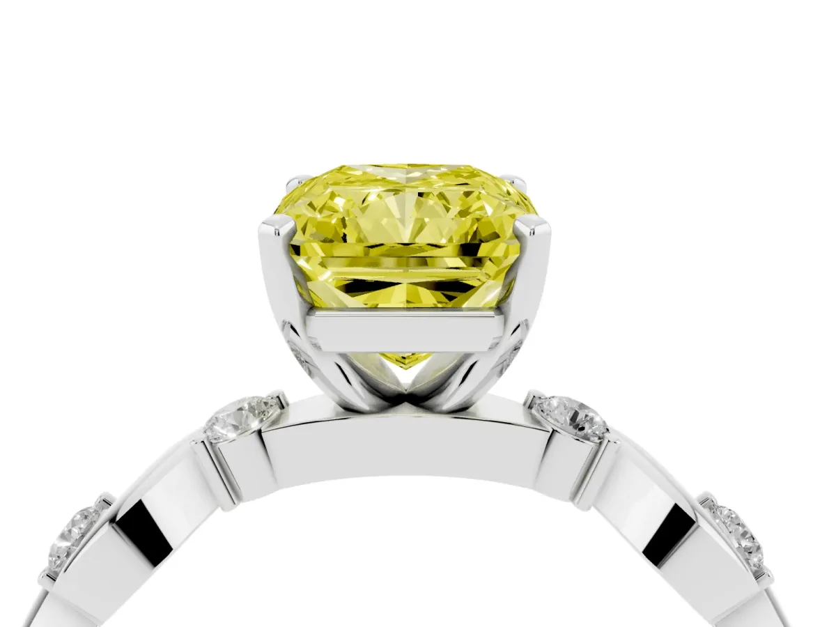 Fancy Yellow Radiant Cut Diamond Solitaire Twisted Band with Round Accents and Prong Setting Platinum