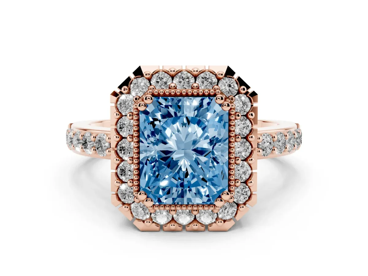 Fancy Blue Radiant Cut Diamond Halo Ring with Pavé Band and Prong Setting Rose gold