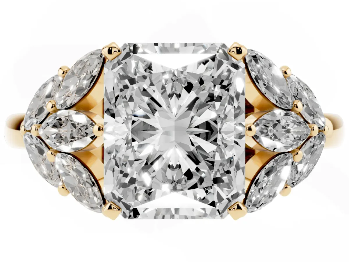 Radiant Cut Diamond Cluster Leaf Design Ring with Prong Setting Yellow gold