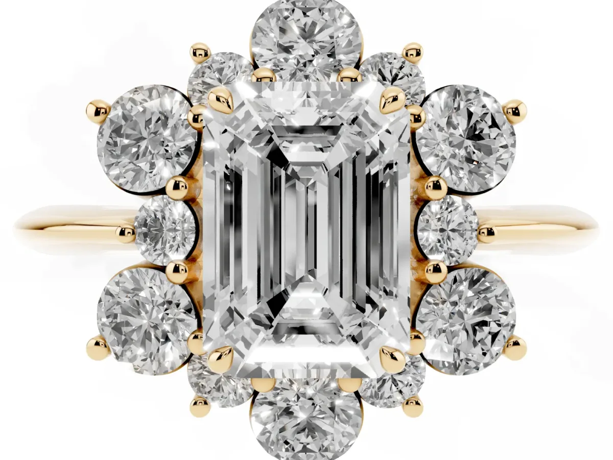 Emerald Cut Diamond Cluster Halo Ring with Solitaire Band and Four-Prong Setting Yellow gold