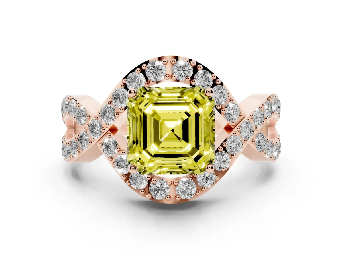 Fancy Yellow Asscher Cut Solitaire Twist Band Pavé Diamond Engagement Ring Rose gold