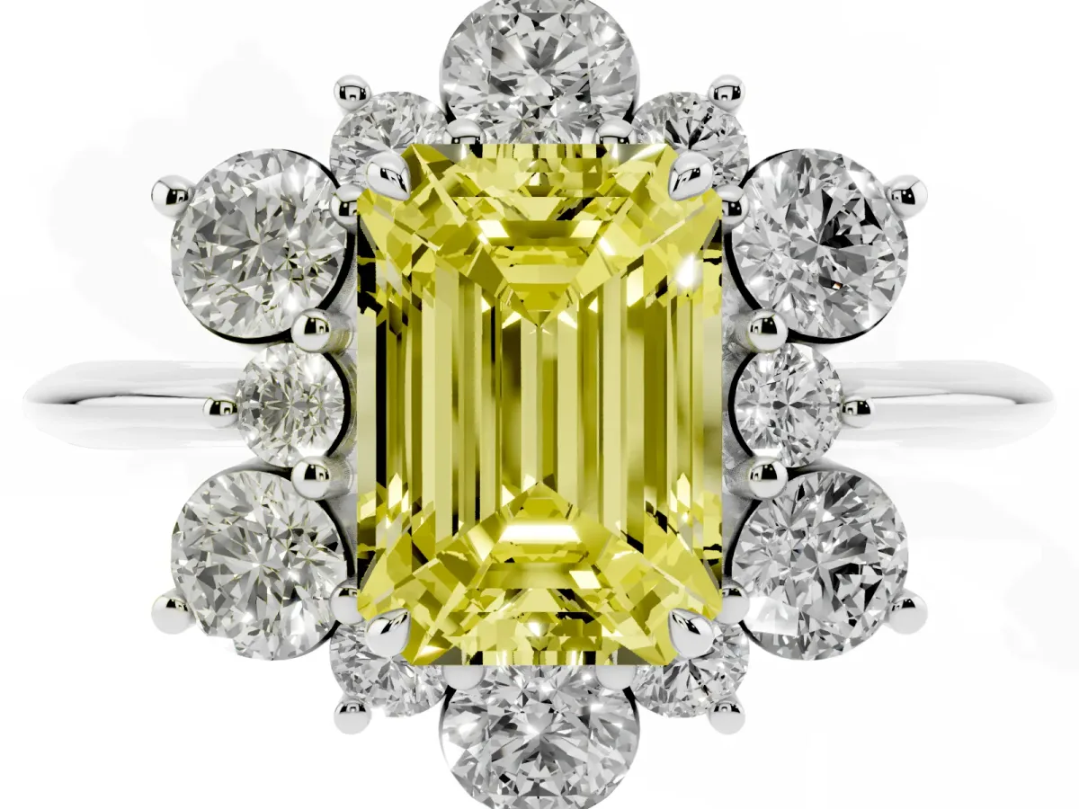 Fancy Yellow Emerald Cut Diamond Cluster Halo Ring with Solitaire Band and Four-Prong Setting Platinum