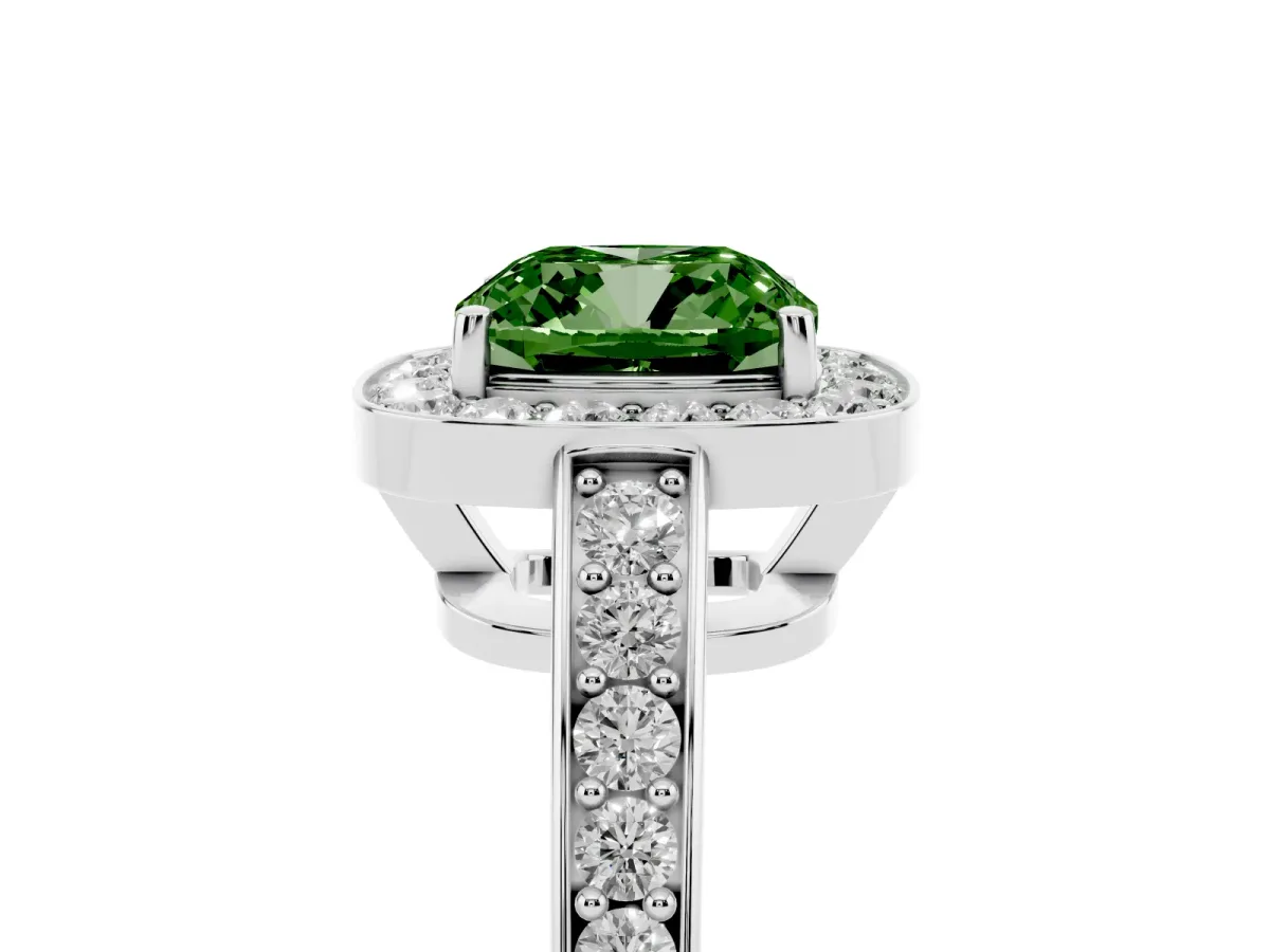 Fancy Green Cushion Cut Halo Pavé Diamond Engagement Ring with Bezel Setting Silver