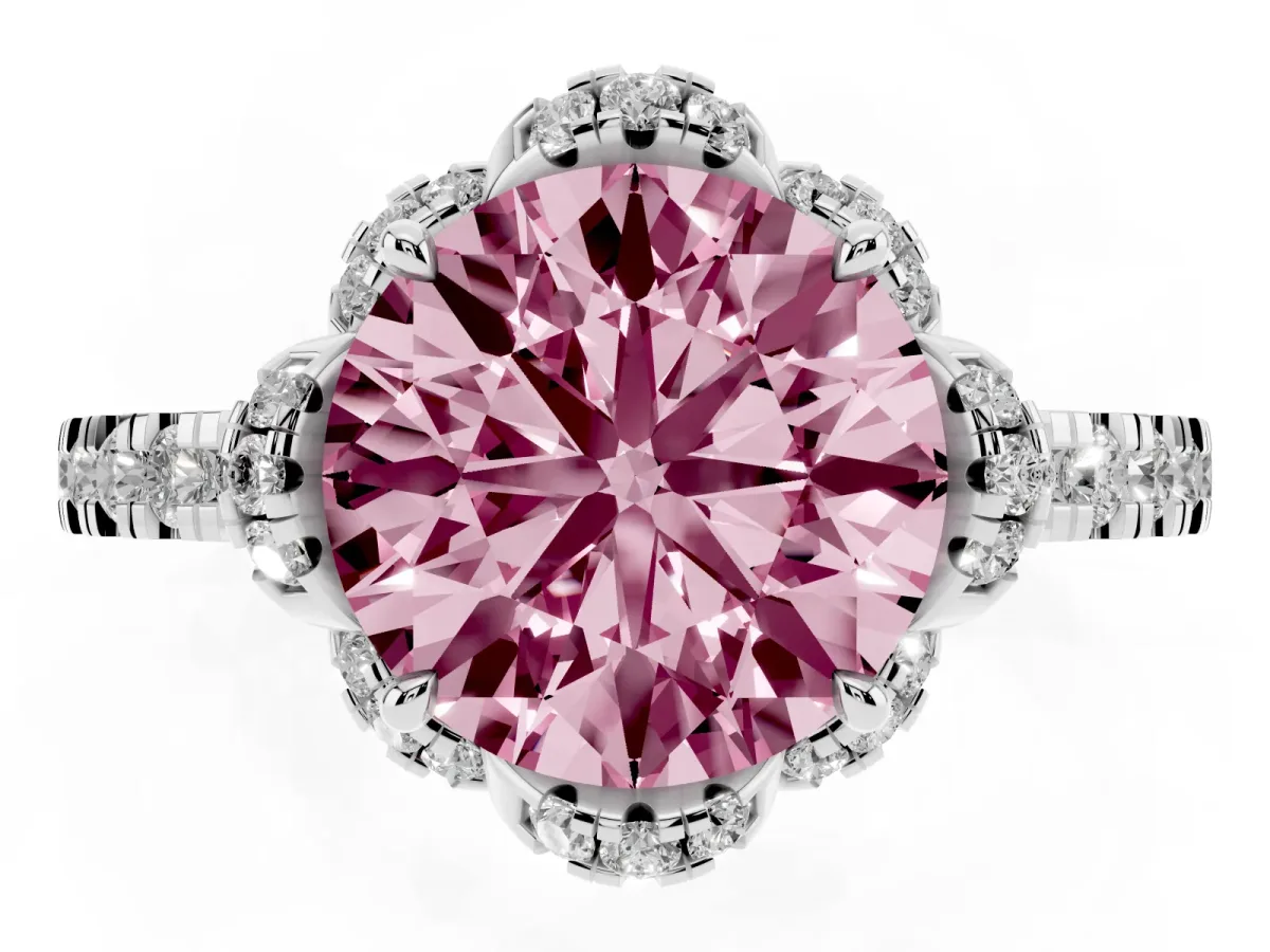 Fancy Pink Round Cut Halo Diamond Pave Band Ring with Four-Prong Setting Silver