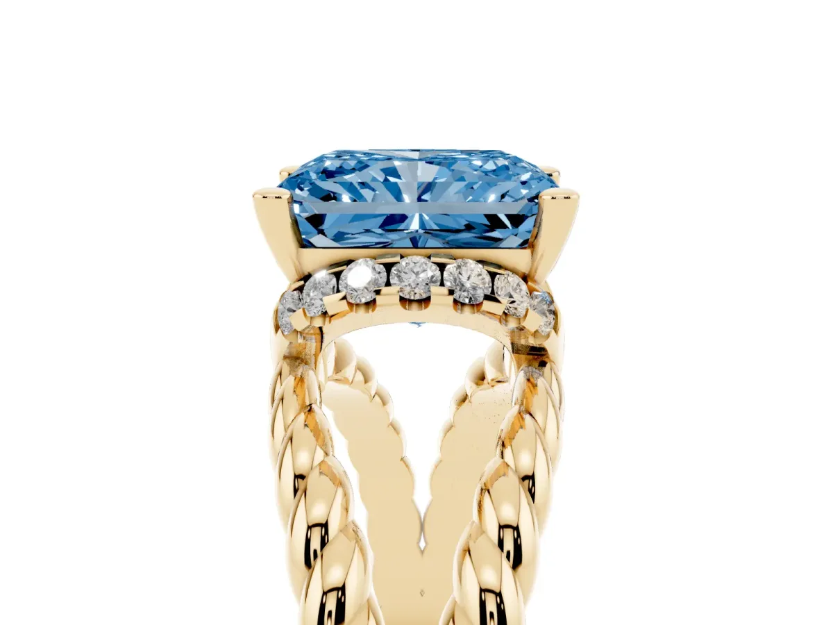 Fancy Blue Radiant Cut Halo Twisted Band Four-Prong Ring Yellow gold