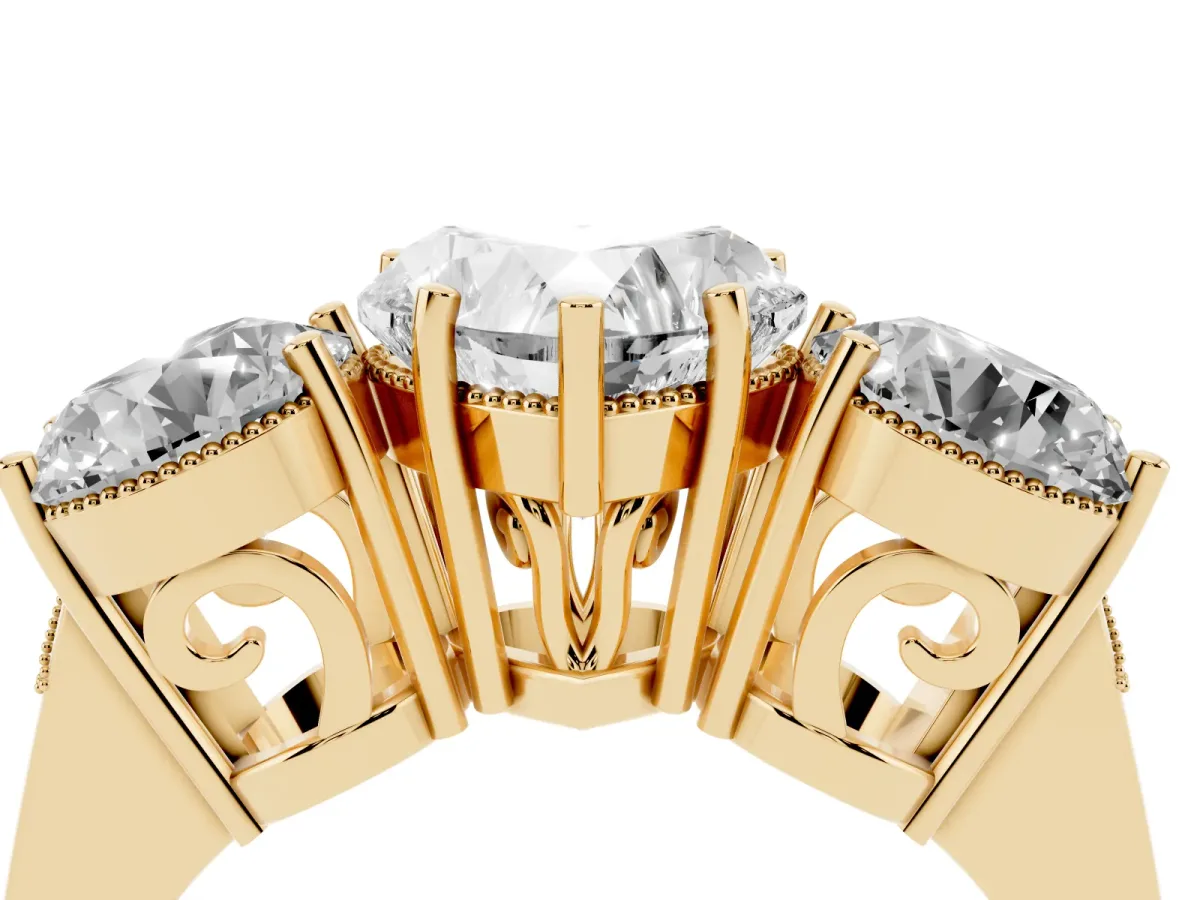 Three-Stone Heart Cut Diamond Engagement Ring with Prong Setting on a Classic Band Yellow gold