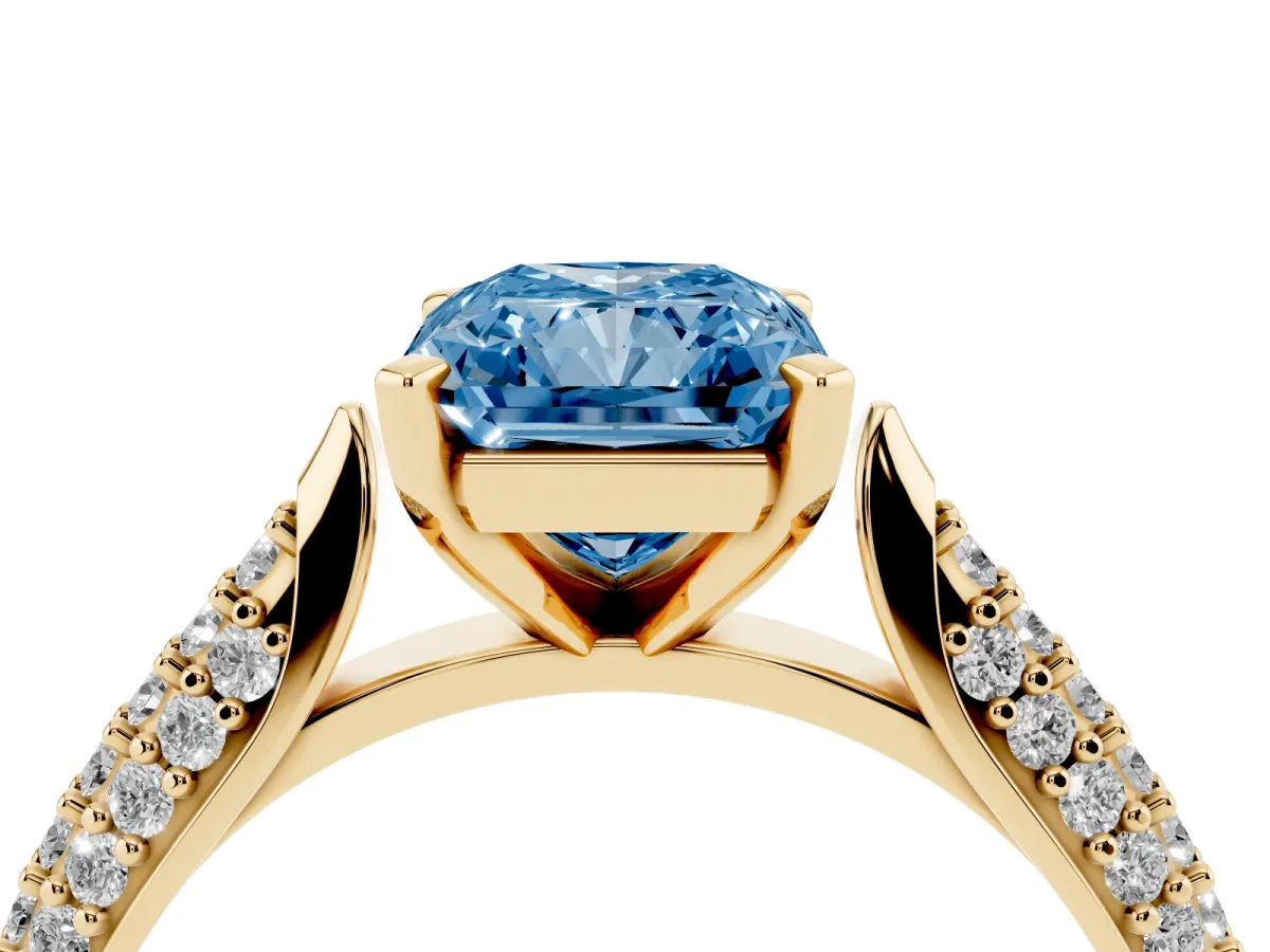 Fancy Blue Radiant Cut Diamond Solitaire Engagement Ring with Multi-Row Round Pavé Band and Prong Setting Yellow gold