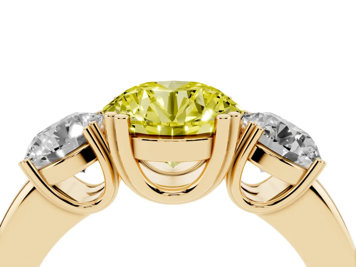 Fancy Yellow Three-Stone Round Cut Cut Diamond Ring with Channel Set Band and Four-Prong Setting Yellow gold